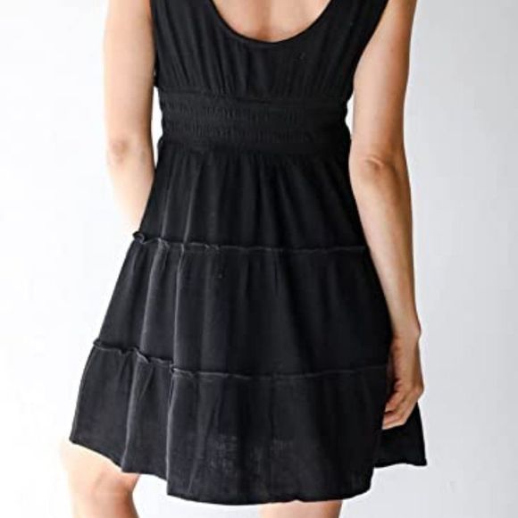 Women Sleeveless Button Down Smocked Elastic Waist Ruffle Tiered Casual Dress - Picture 5 of 5